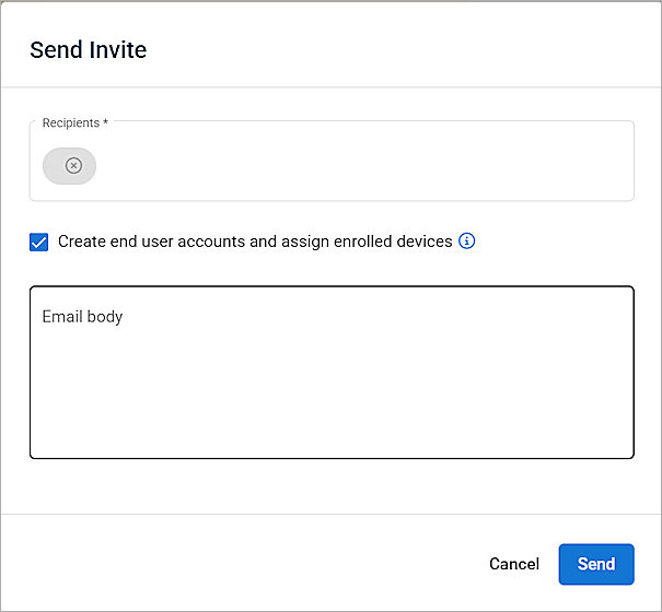 Screenshot Send Invite dialog box for Kaseya MDM